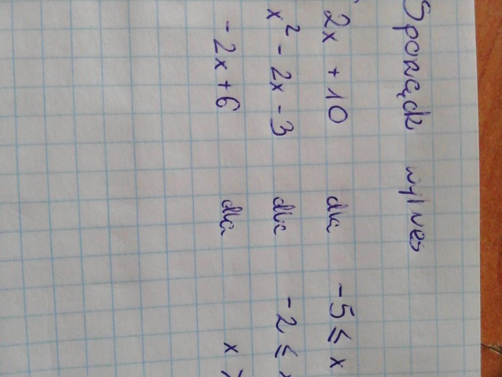 Sporządź wykres funkcji 2x+10 dla - 5\&lt;x&lt;-2 X^2-2x-3 dla - 2\&lt;x&lt;4 -2x+6 dla x - załącznik 1