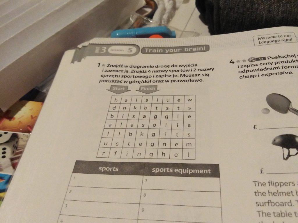 Znajdź w diagramie (załącznik) drogę do wyjścia i zaznacz ją. Znajdź 4 nazwy sportów i 2 nazwy - załącznik 1
