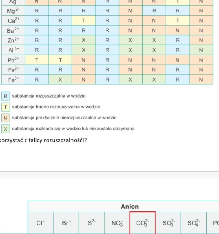 Na podstawie informacji zawartych w tabeli rozpuszvzalnosci ustal które z kationów tworzy najmiej - załącznik 1