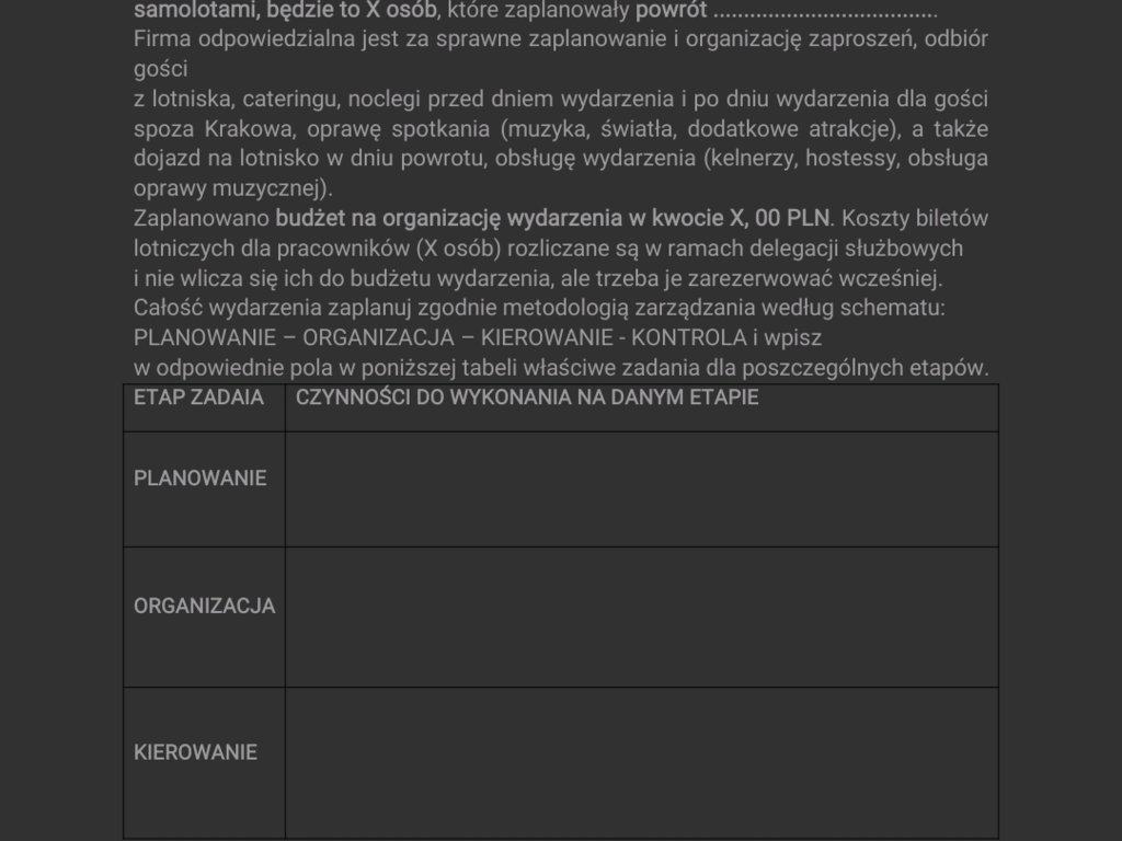 Pomoże ktoś, zadanie organizacja wydarzenia!! , planowanie, organizacja, kierowanie, kontrola * - załącznik 1