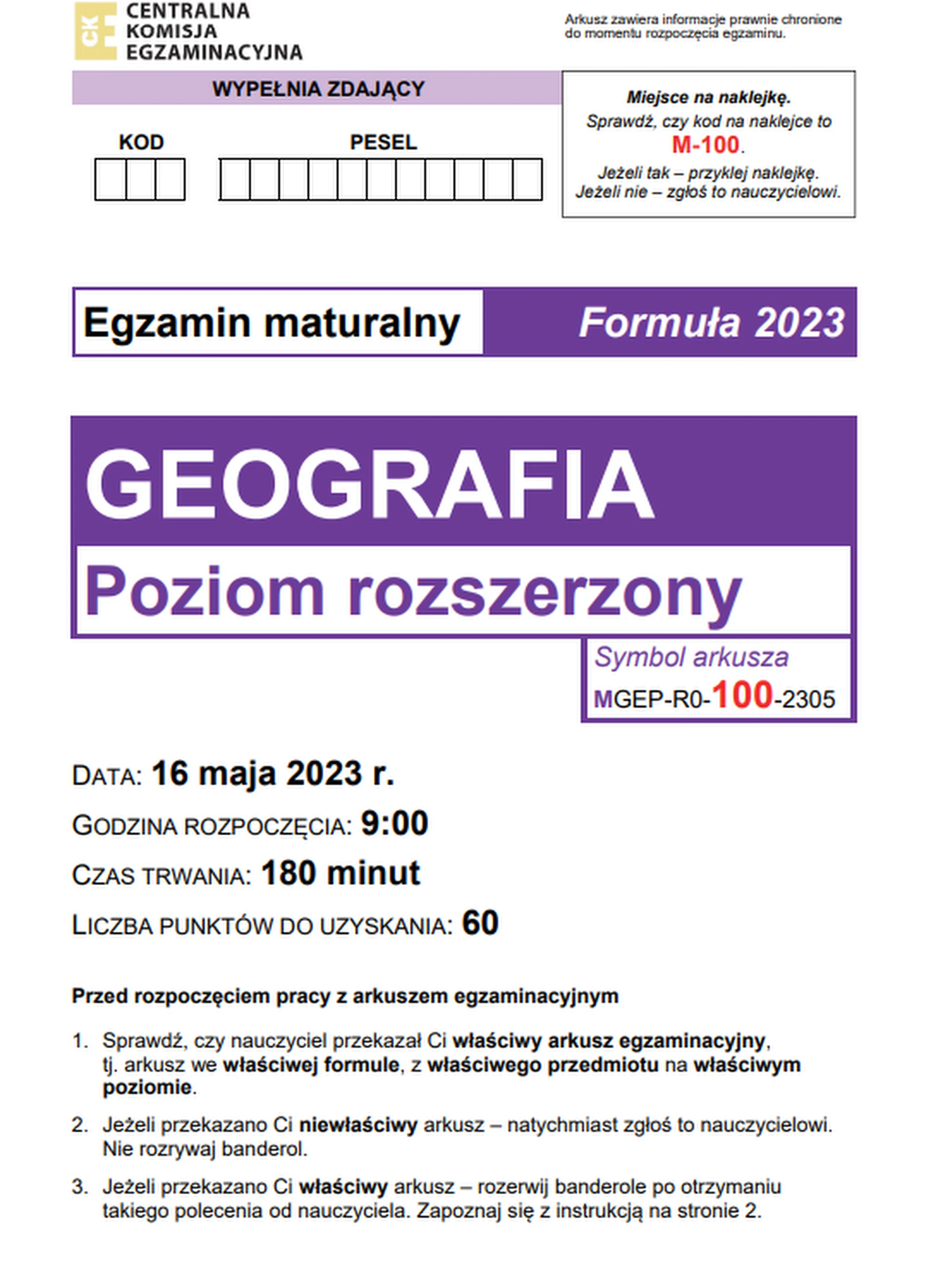 Matura maj 2023. Geografia, poziom rozszerzony – strona 1