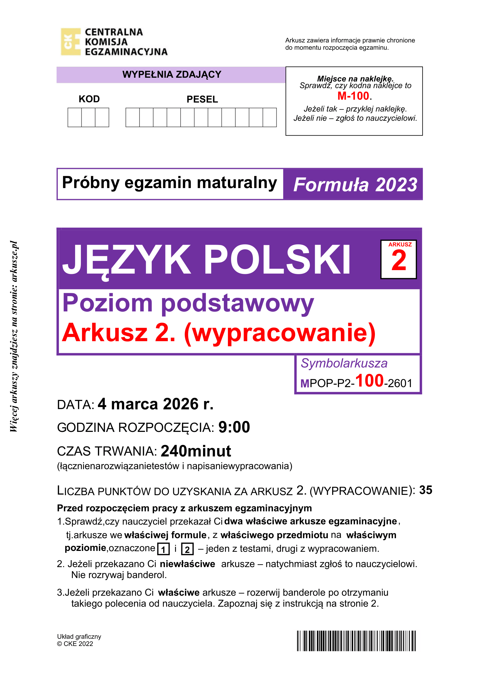 Matura próbna marzec 2026. Język polski, poziom podstawowy, wypracowanie – strona 1
