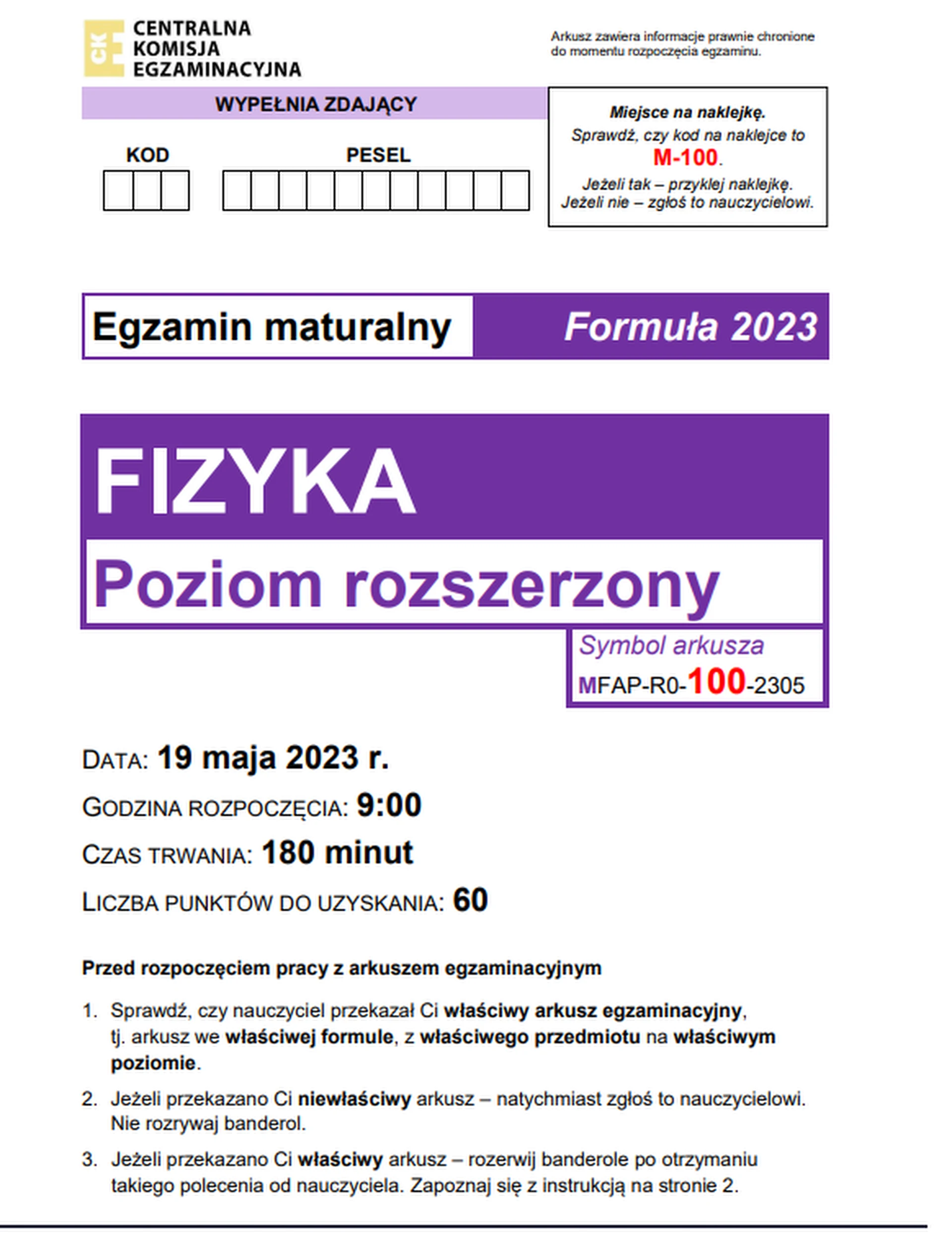 Matura maj 2023. Fizyka, poziom rozszerzony – strona 1