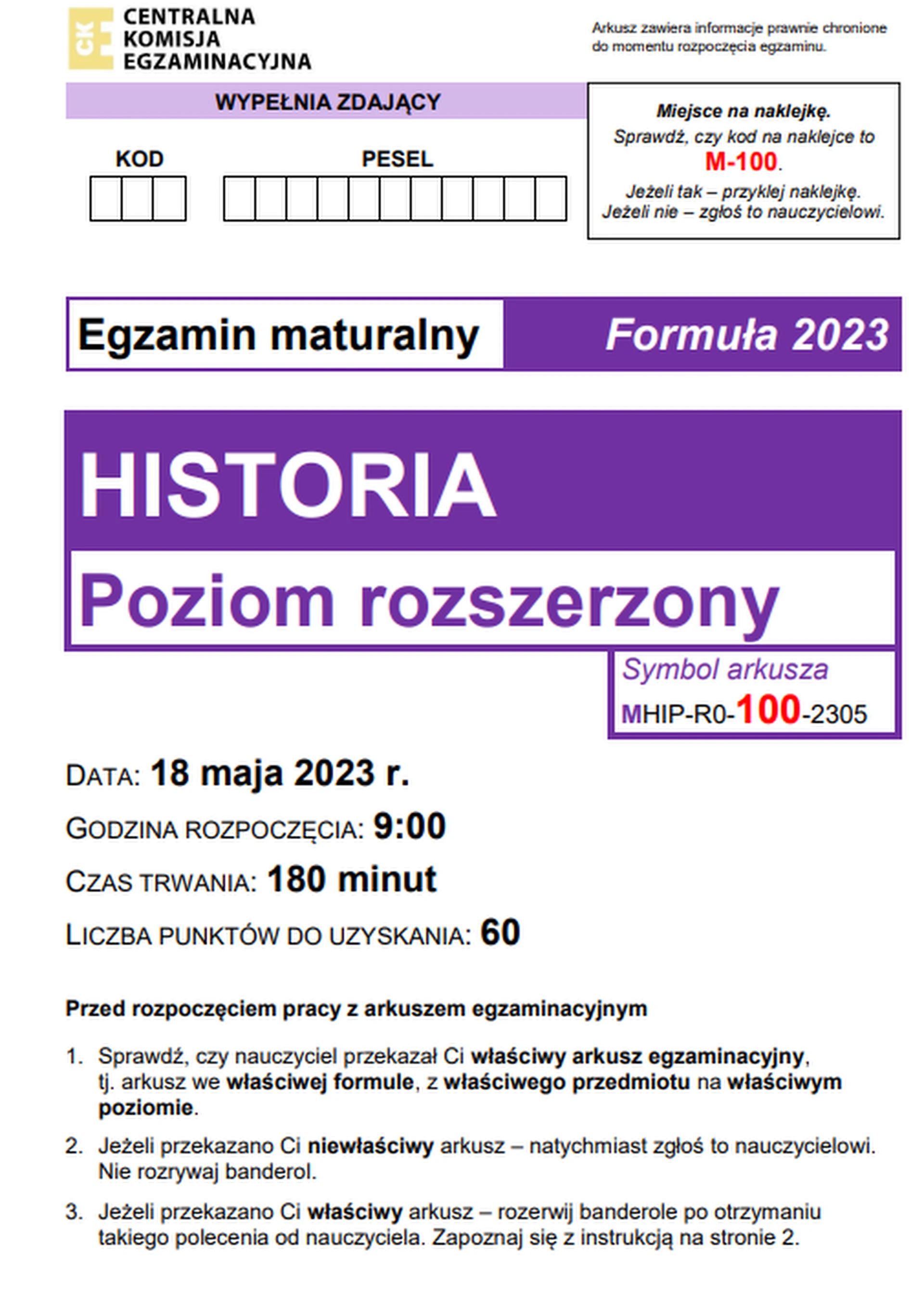 Matura maj 2023. Historia, poziom rozszerzony – strona 1