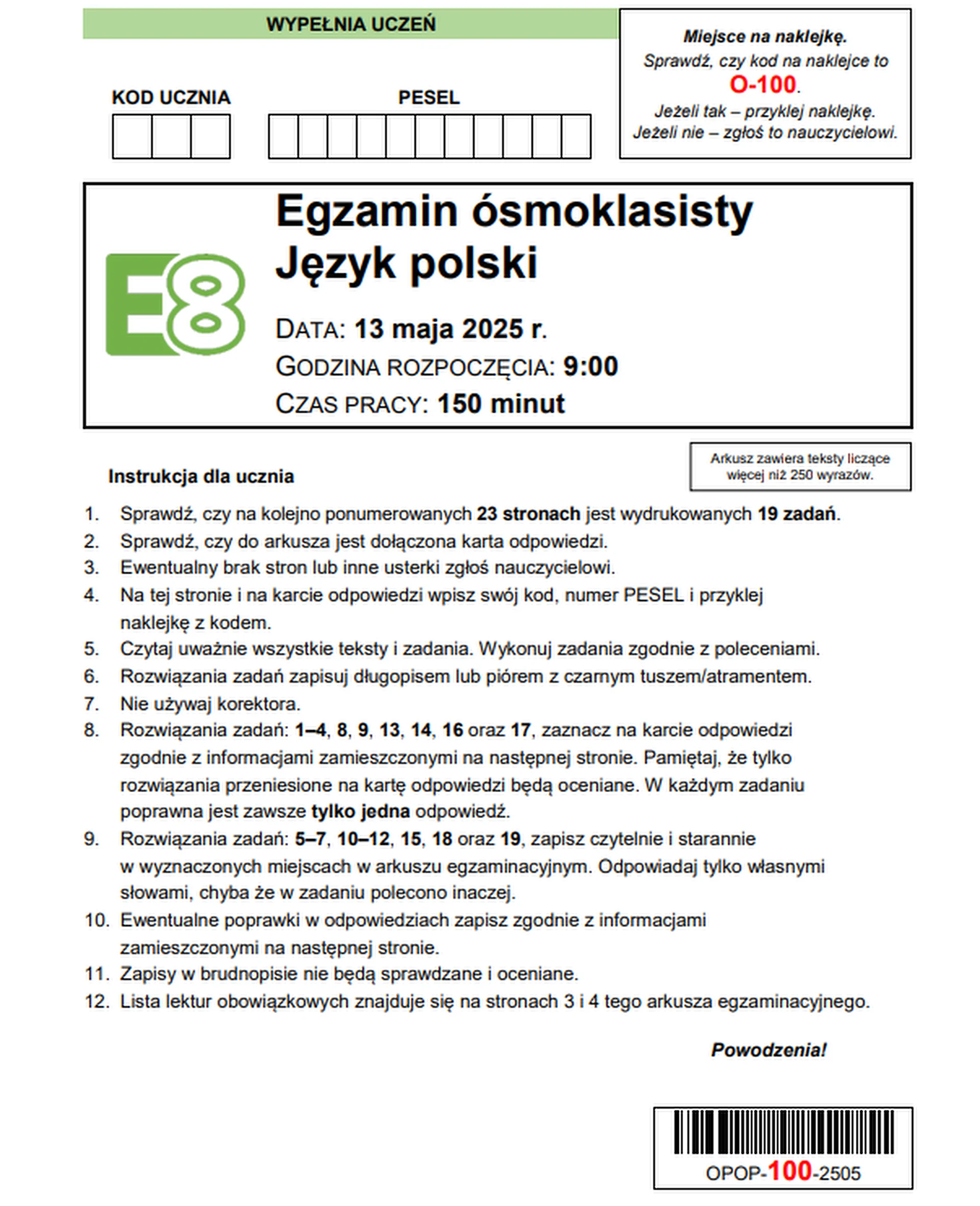 Egzamin ósmoklasisty 2025. Język polski – strona 1
