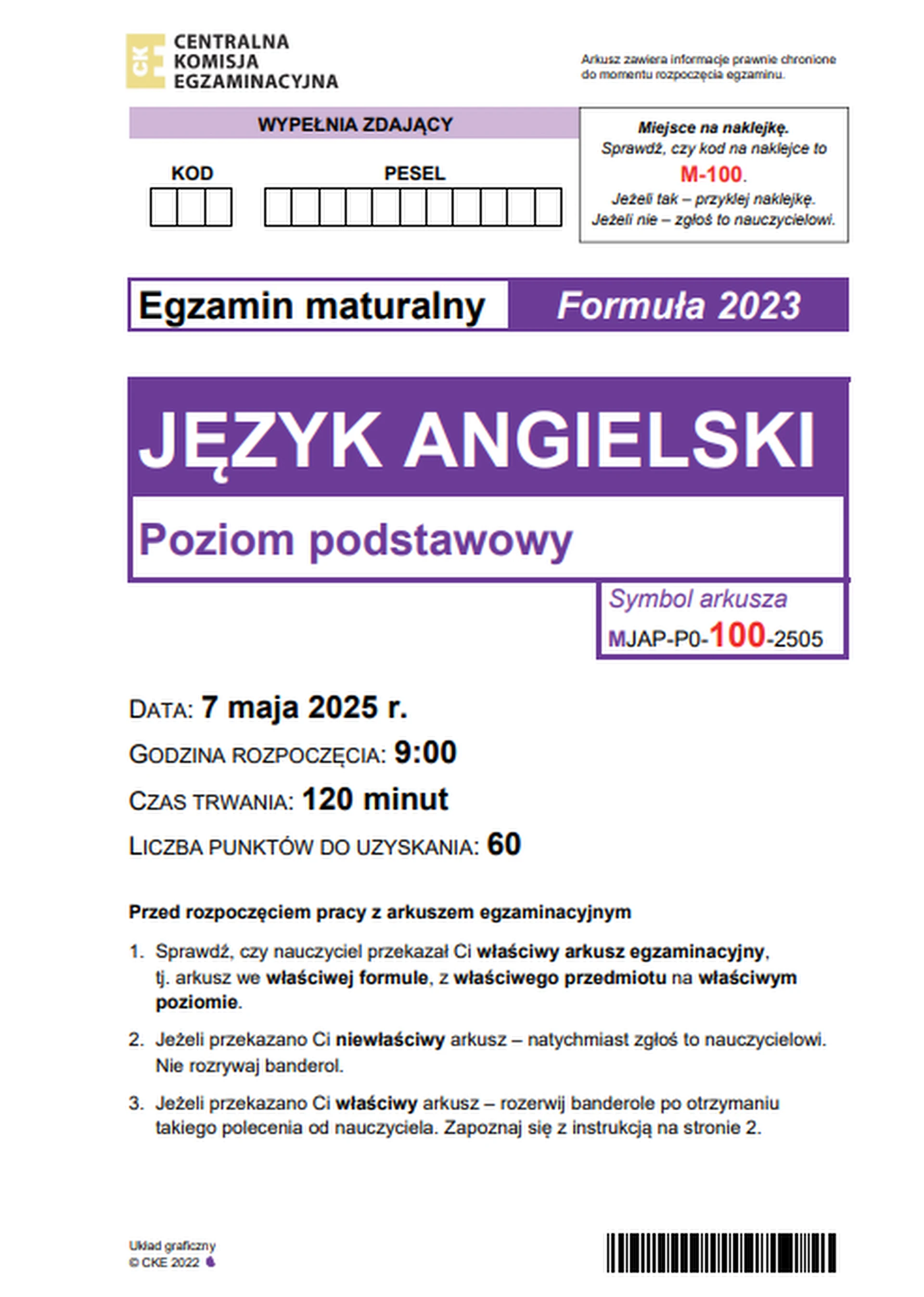 Matura maj 2025. Język angielski, poziom podstawowy – strona 1