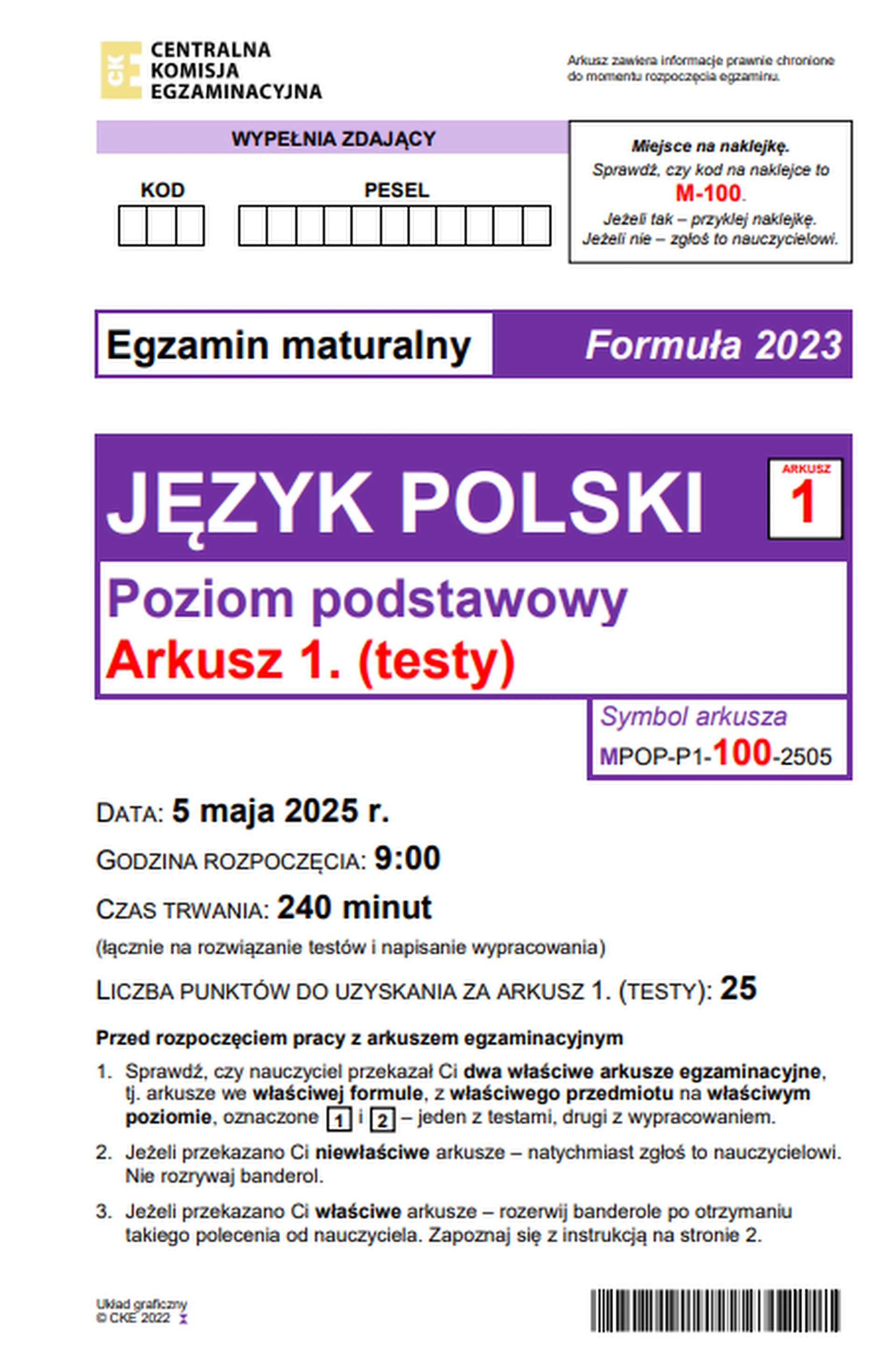 Matura maj 2025. Język polski, poziom podstawowy – strona 1 