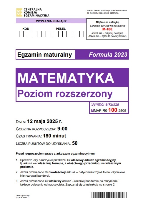 Matura maj 2025. Matematyka, poziom rozszerzony – strona 1