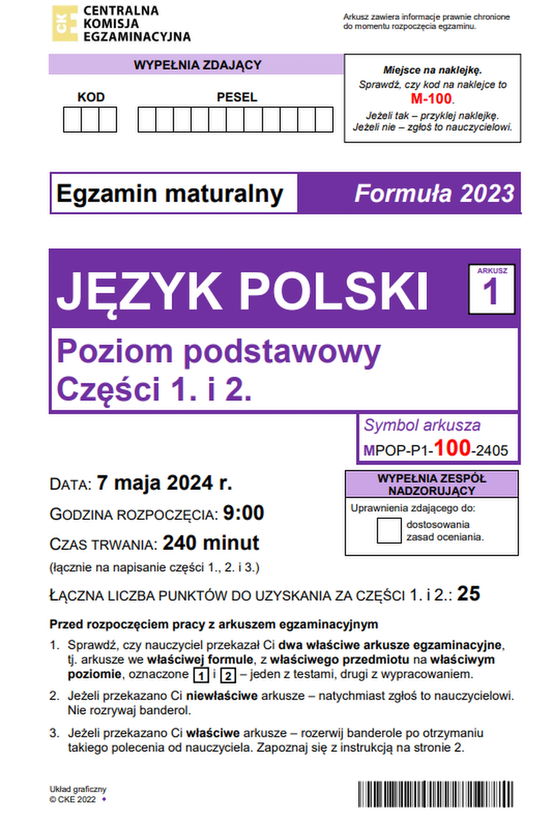 Matura maj 2024. Język polski, poziom podstawowy – strona 1
