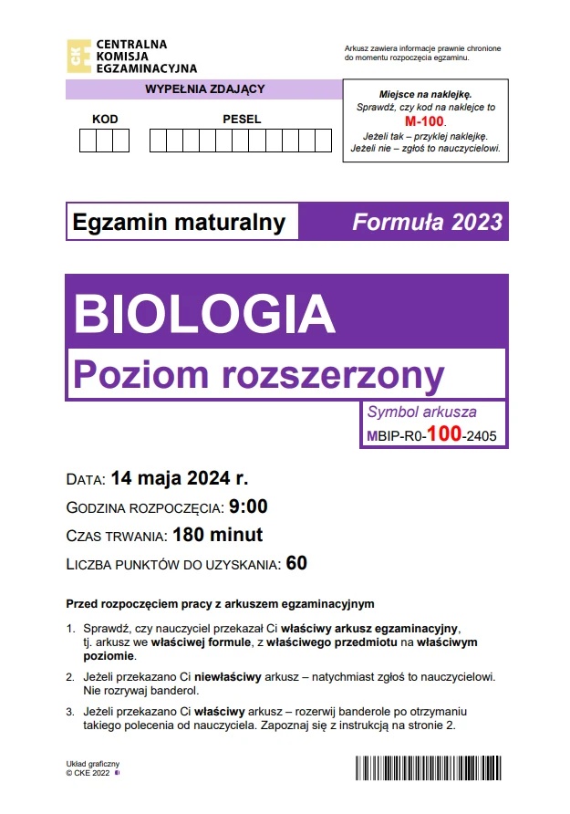 Matura maj 2024. Biologia, poziom rozszerzony – strona 1