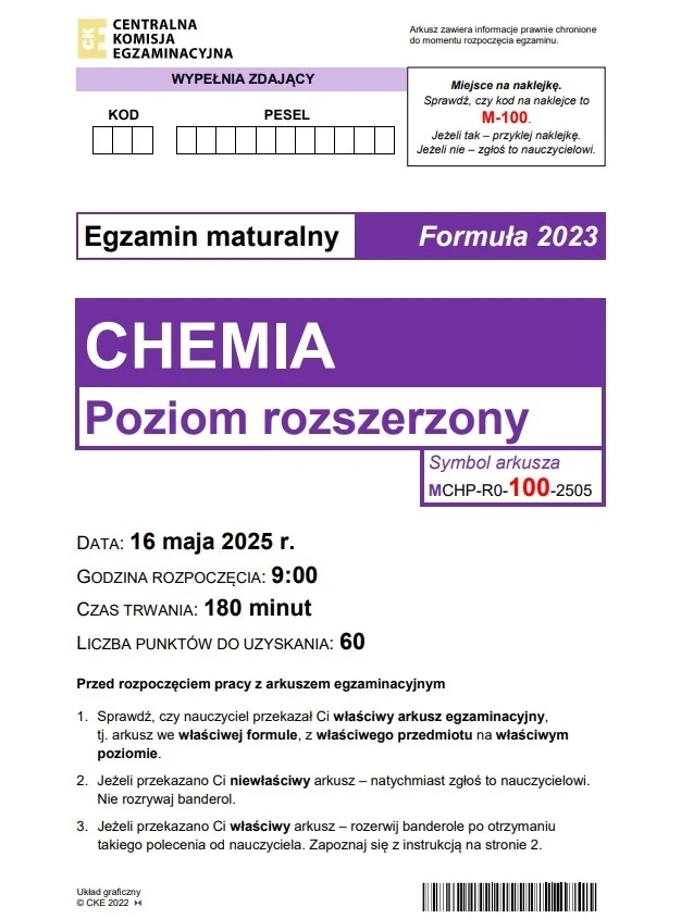 Matura maj 2025. Chemia, poziom rozszerzony – strona 1