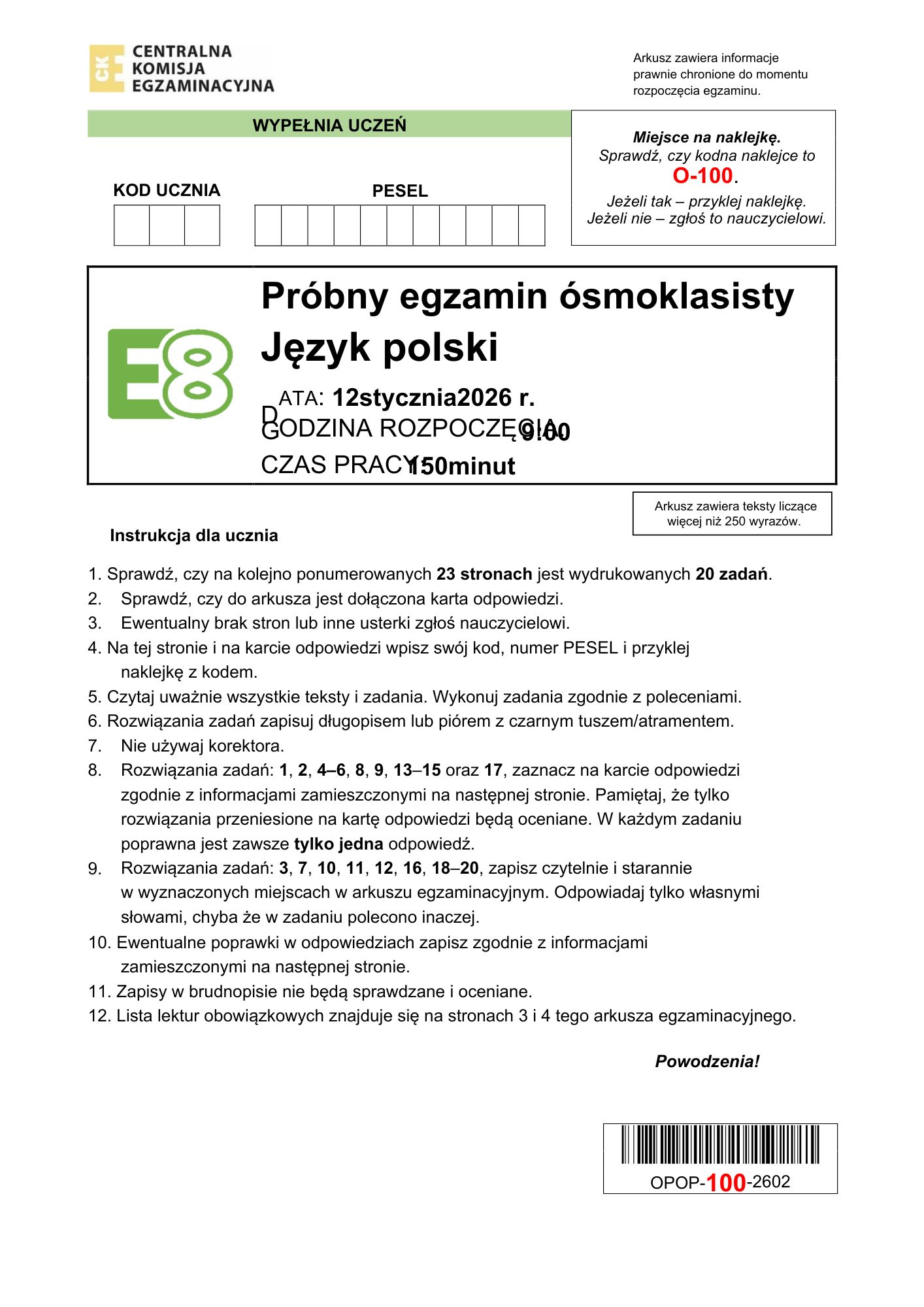 Próbny egzamin ósmoklasisty 2026. Język polski – strona 1