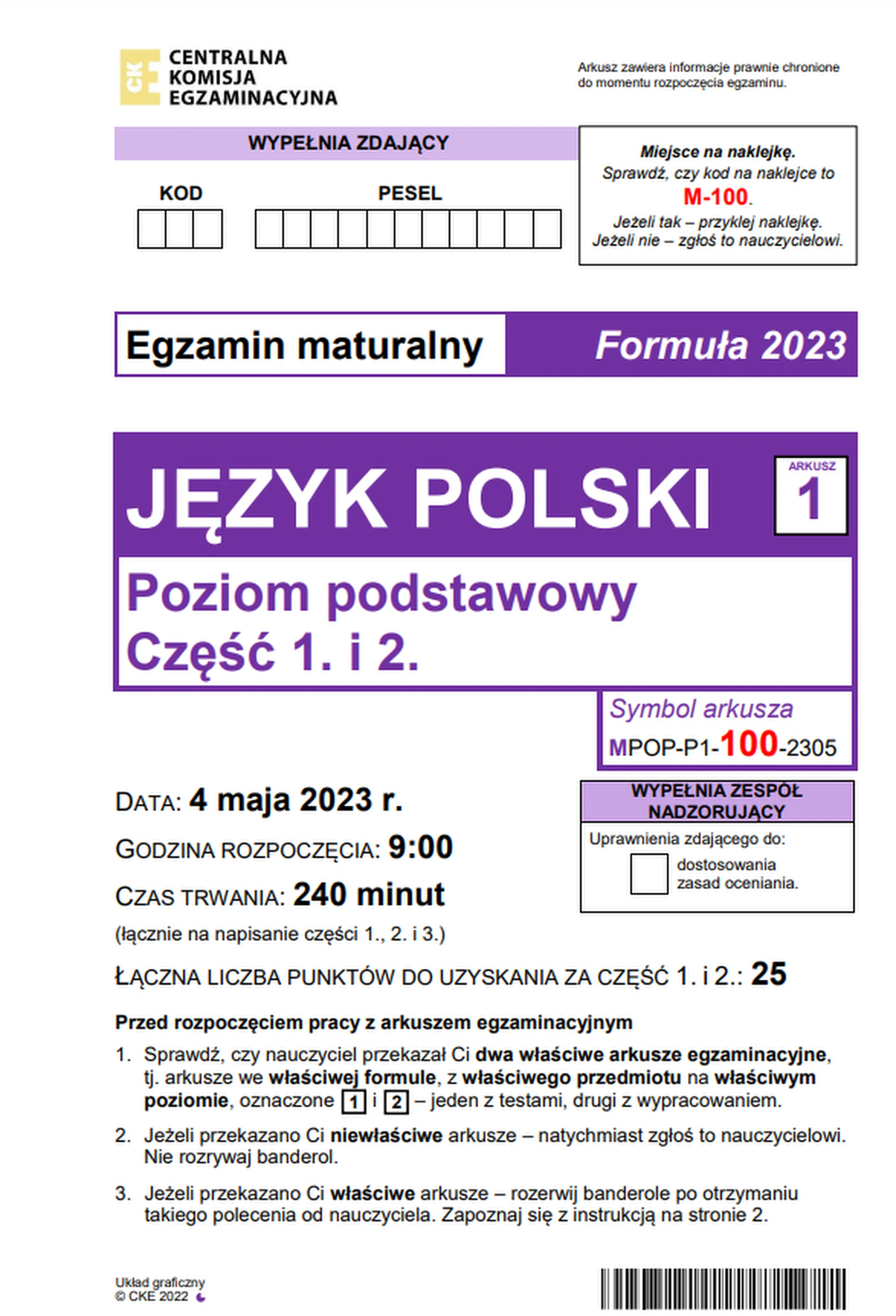 Matura maj 2023. Język polski, poziom podstawowy – strona 1