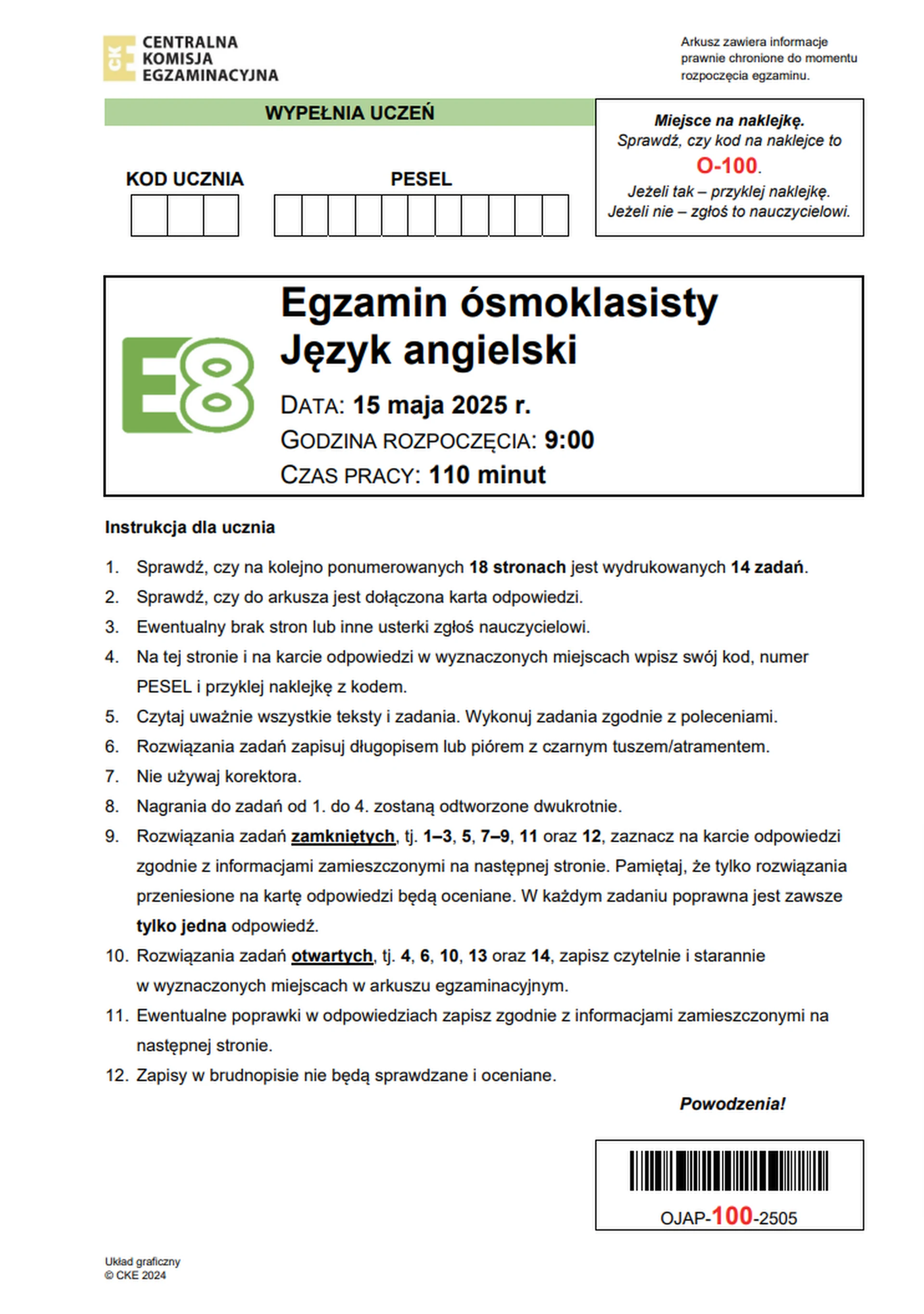 Egzamin ósmoklasisty 2025. Język angielski – strona 1