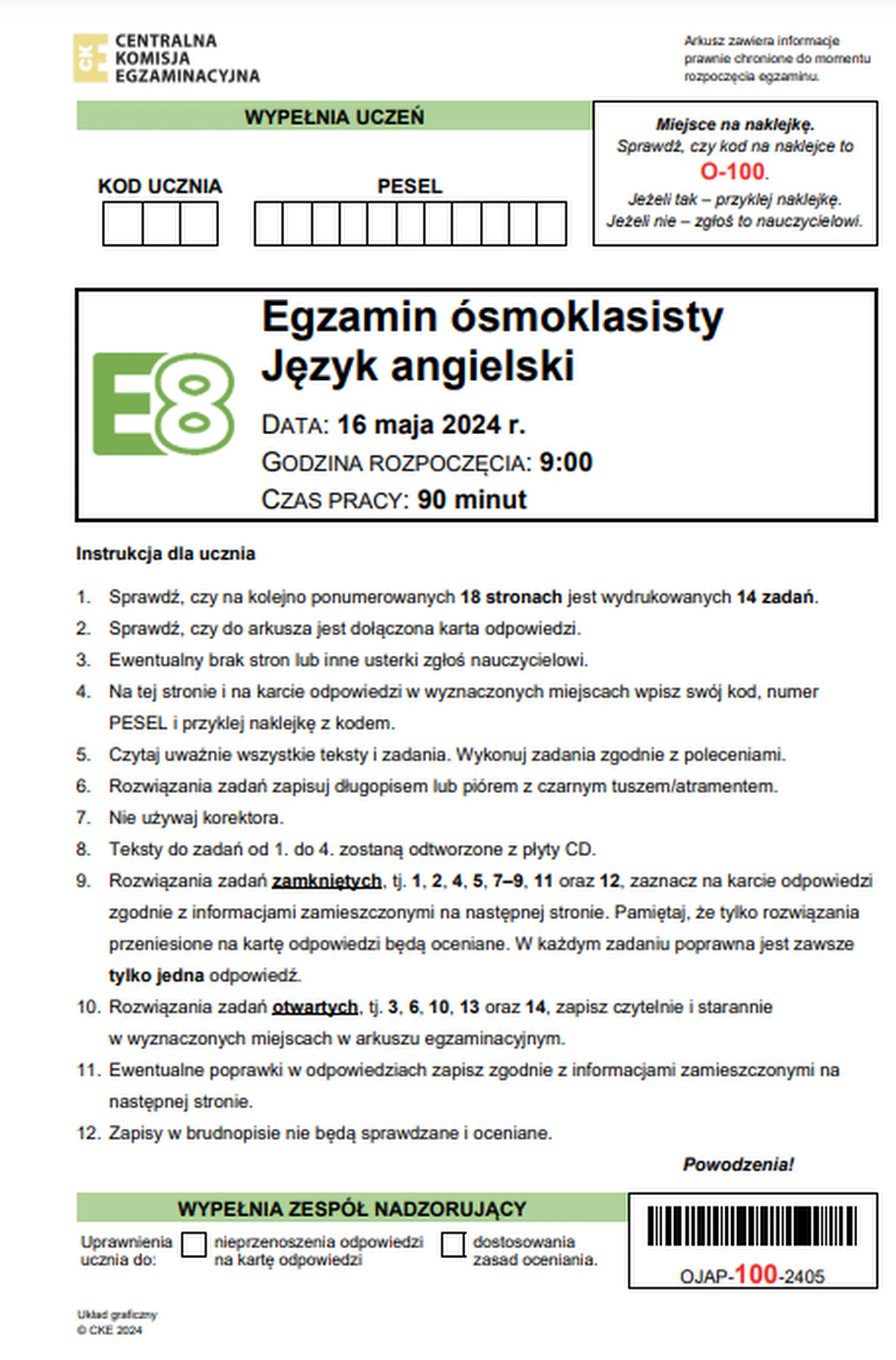 Egzamin ósmoklasisty 2024. Język angielski – strona 1