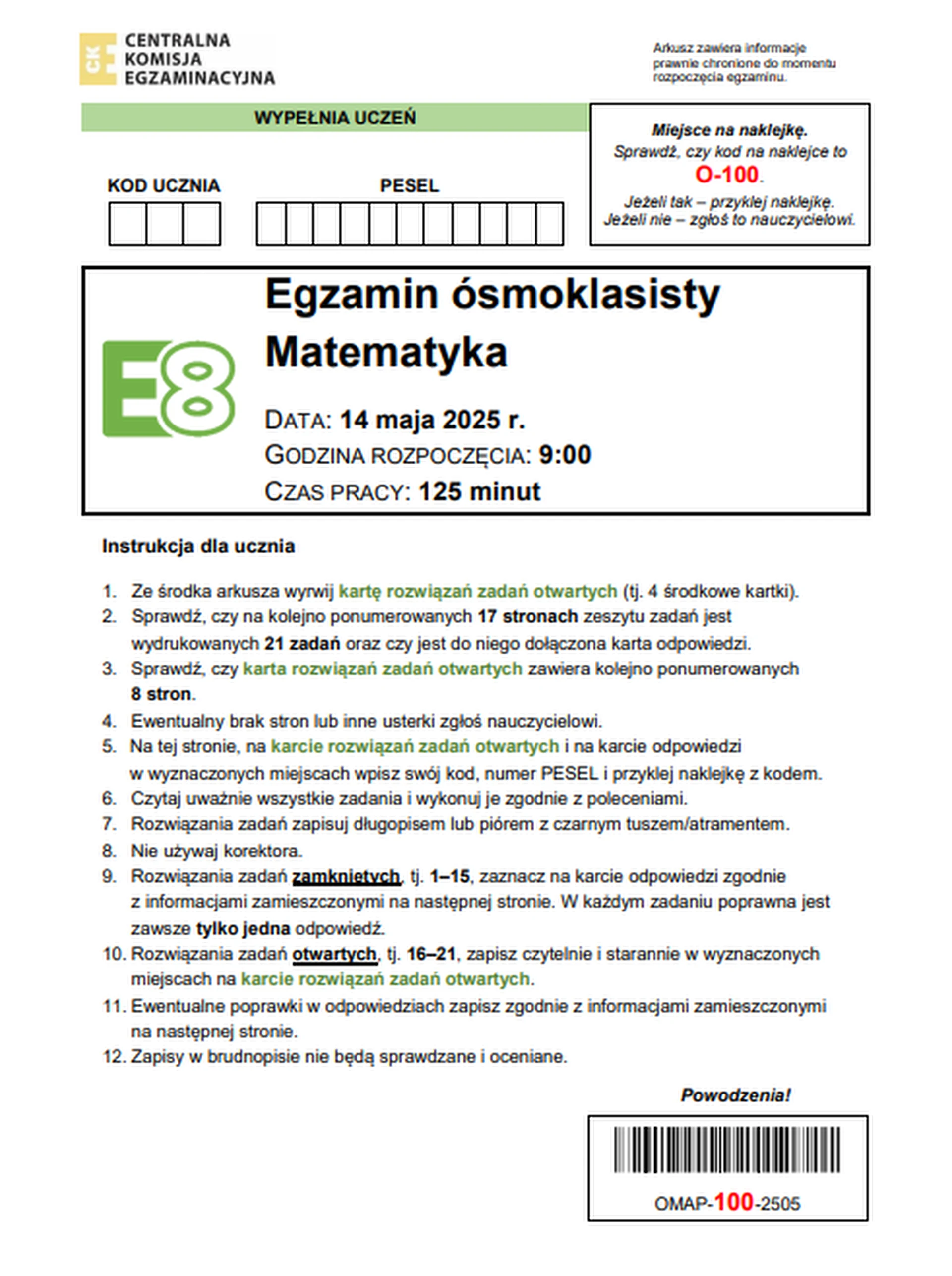 Egzamin ósmoklasisty 2025. Matematyka – strona 1