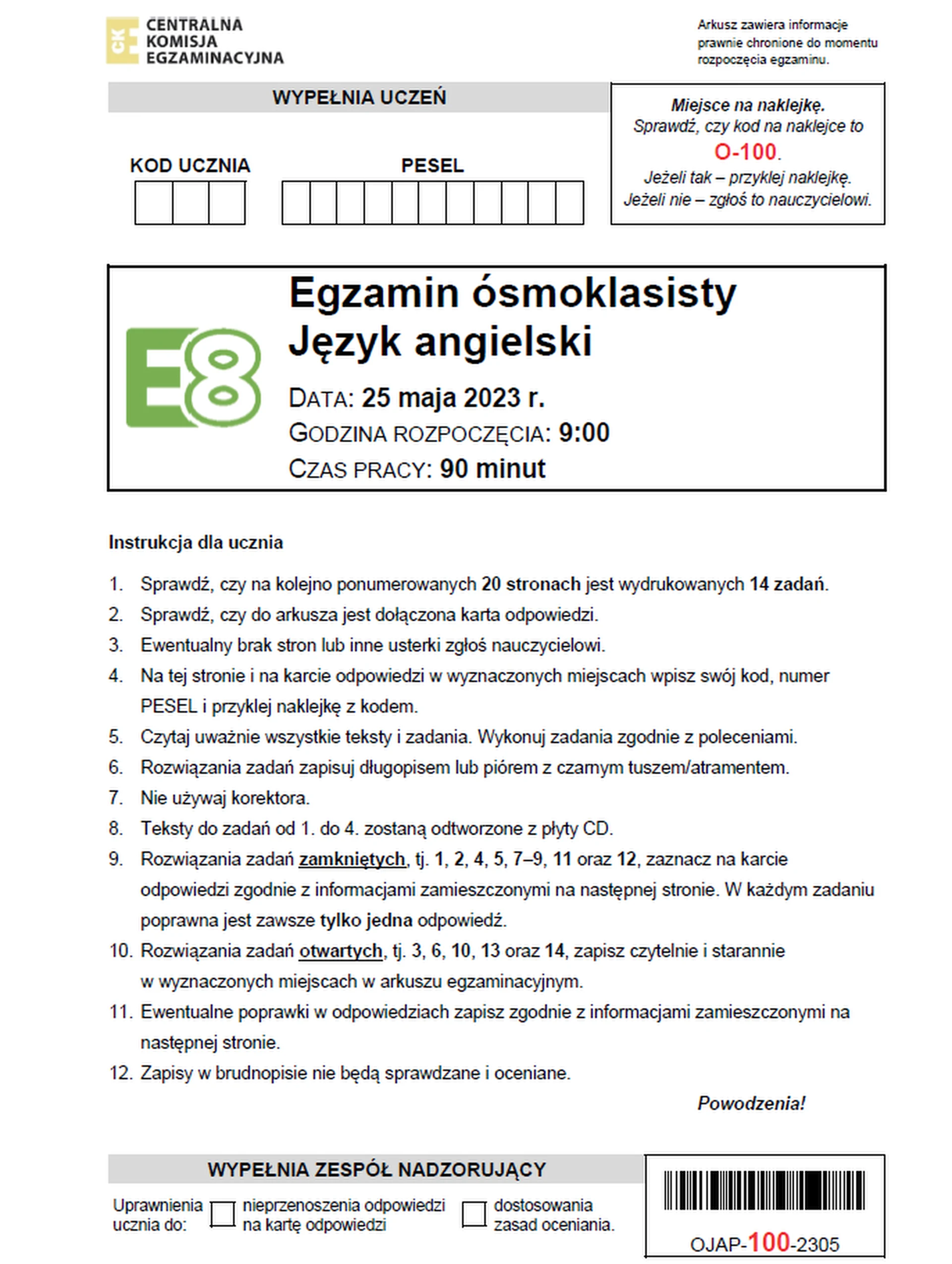 Egzamin ósmoklasisty 2023. Język angielski – strona 1    