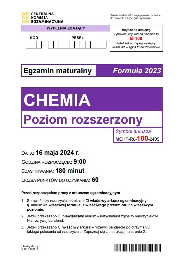 Matura maj 2024. Chemia, poziom rozszerzony – strona 1