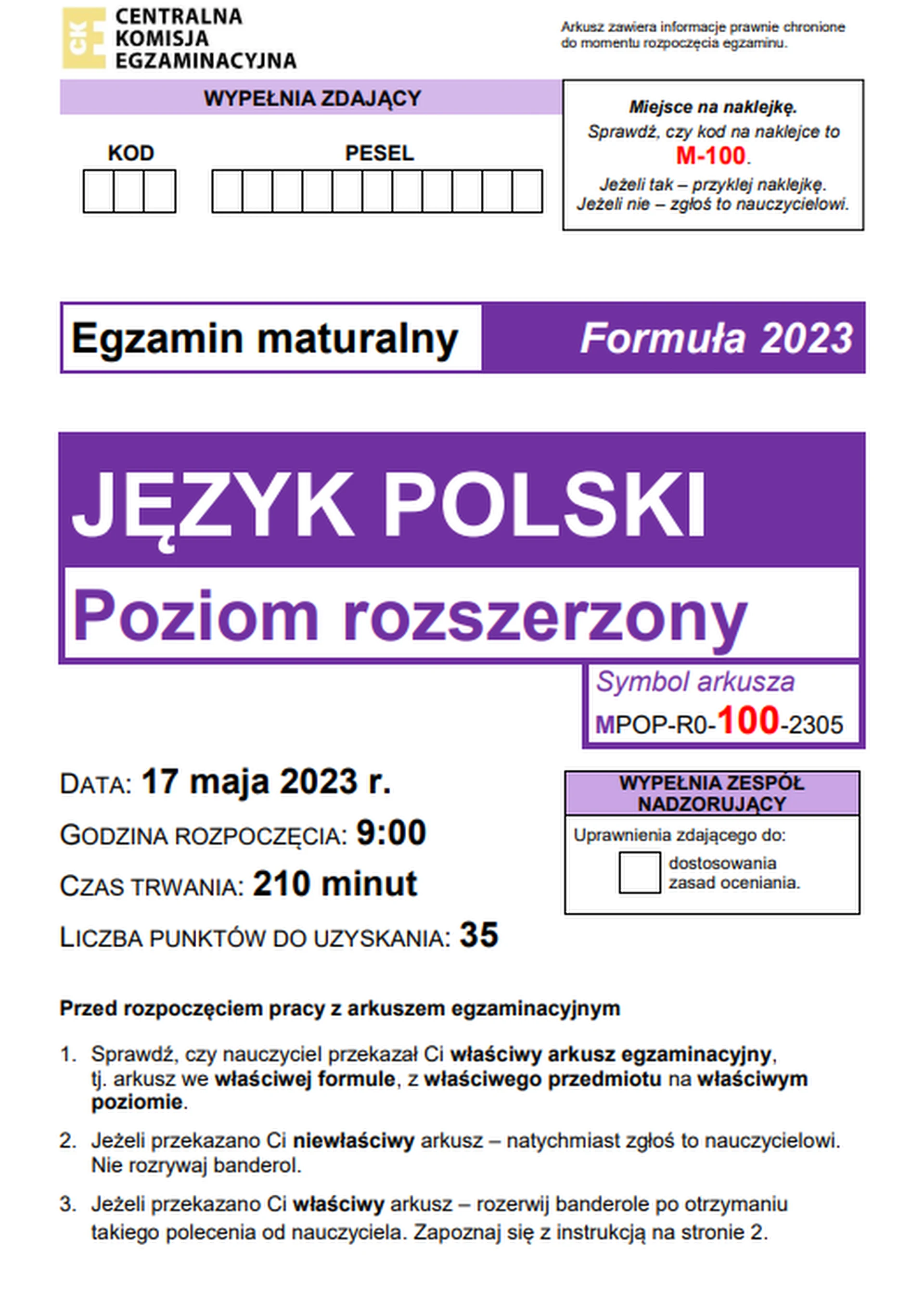 Matura maj 2023. Język polski, poziom rozszerzony – strona 1