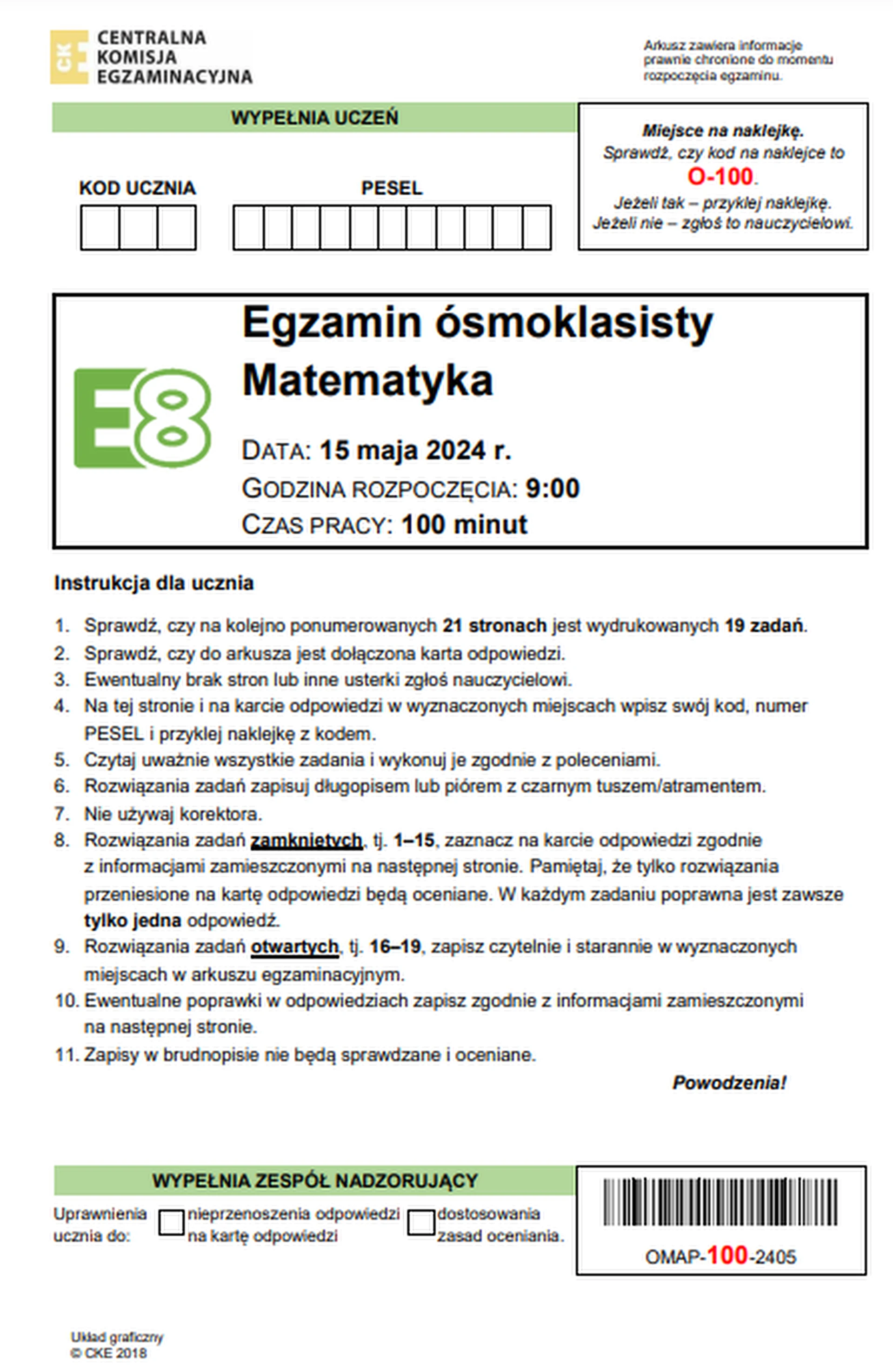 Egzamin ósmoklasisty 2024. Matematyka – strona 1
