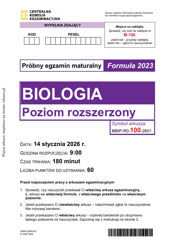 Matura styczeń 2026. Biologia, poziom rozszerzony – strona 1