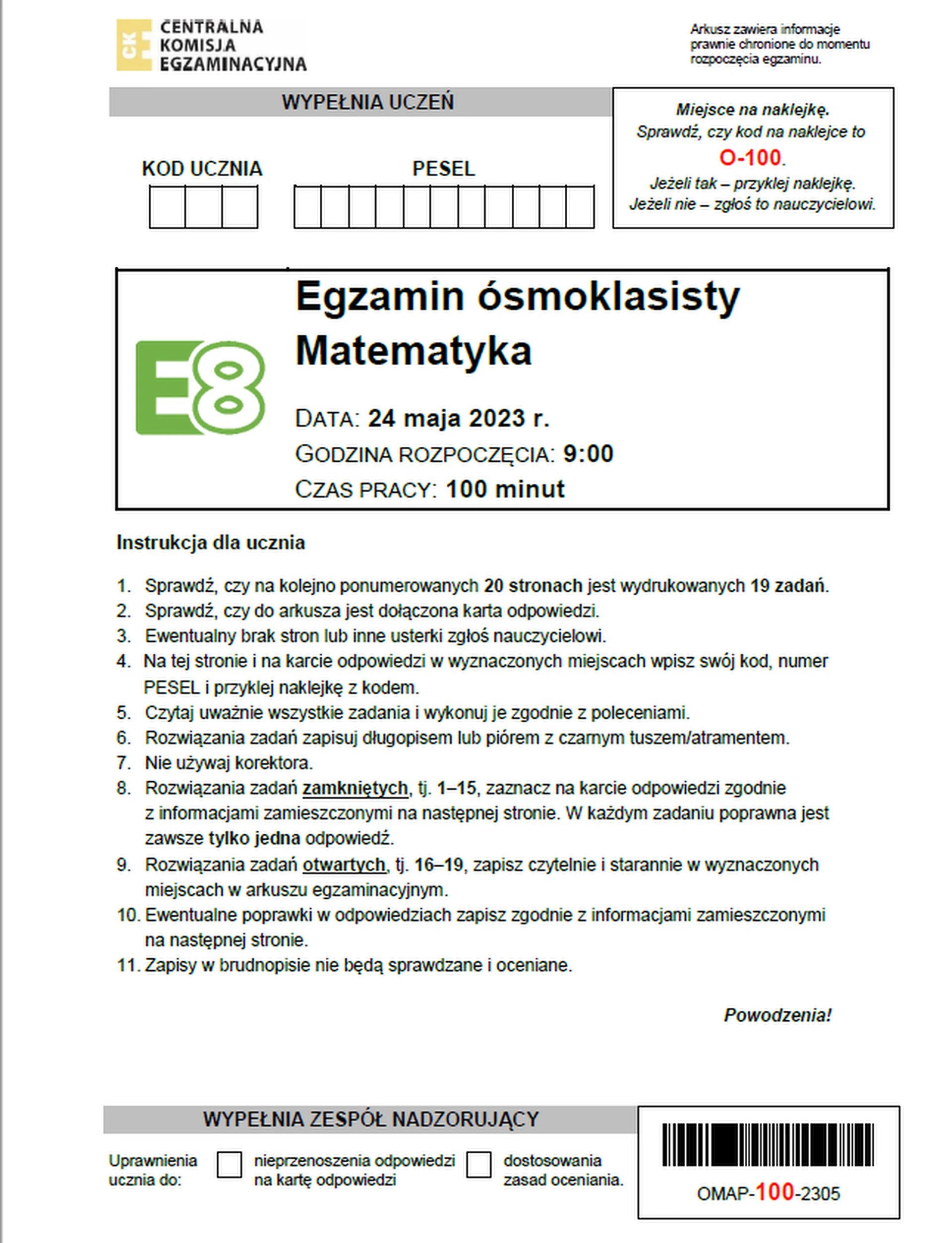 Egzamin ósmoklasisty 2023. Matematyka – strona 1