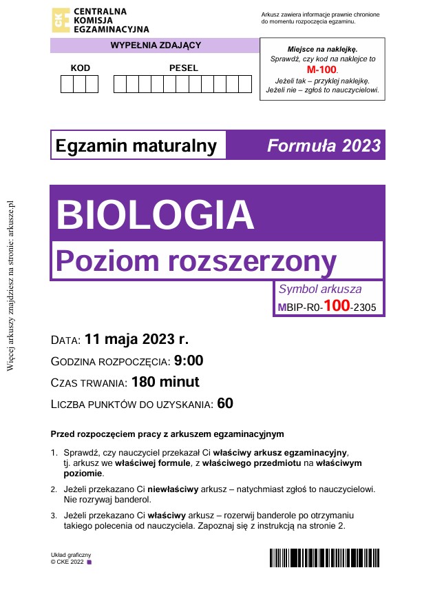 Matura maj 2023. Biologia, poziom rozszerzony – strona 1