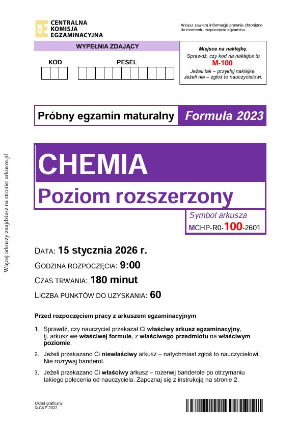 Matura próbna styczeń 2026. Chemia, poziom rozszerzony – strona 1