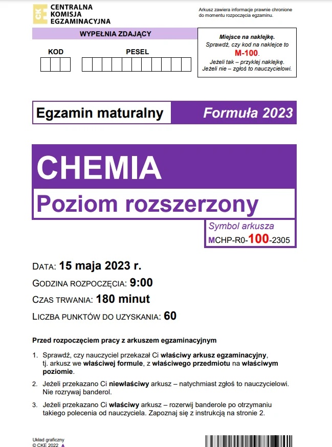 Matura maj 2023. Chemia, poziom rozszerzony – strona 1