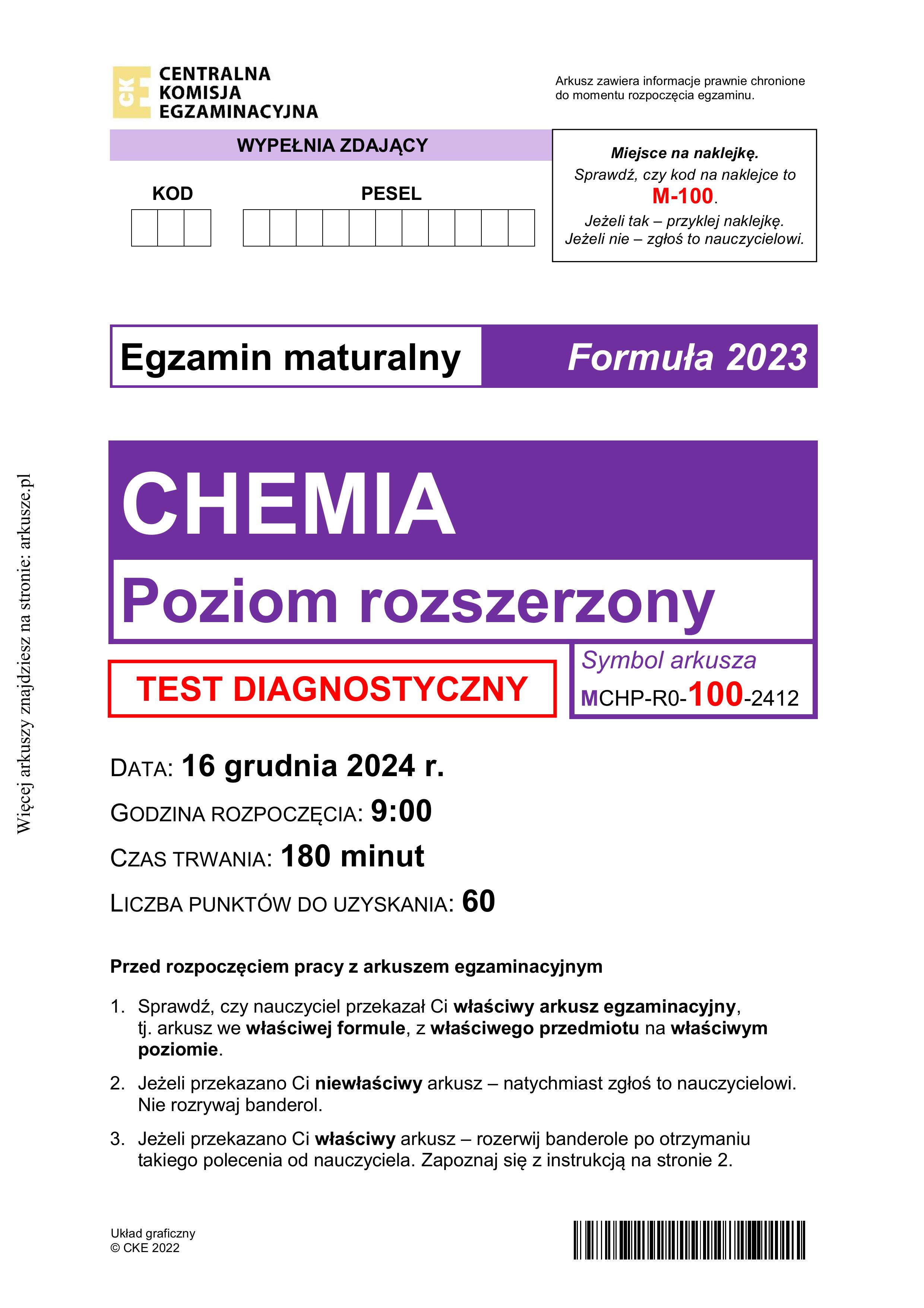 Matura grudzień 2024. Chemia, poziom rozszerzony – strona 1