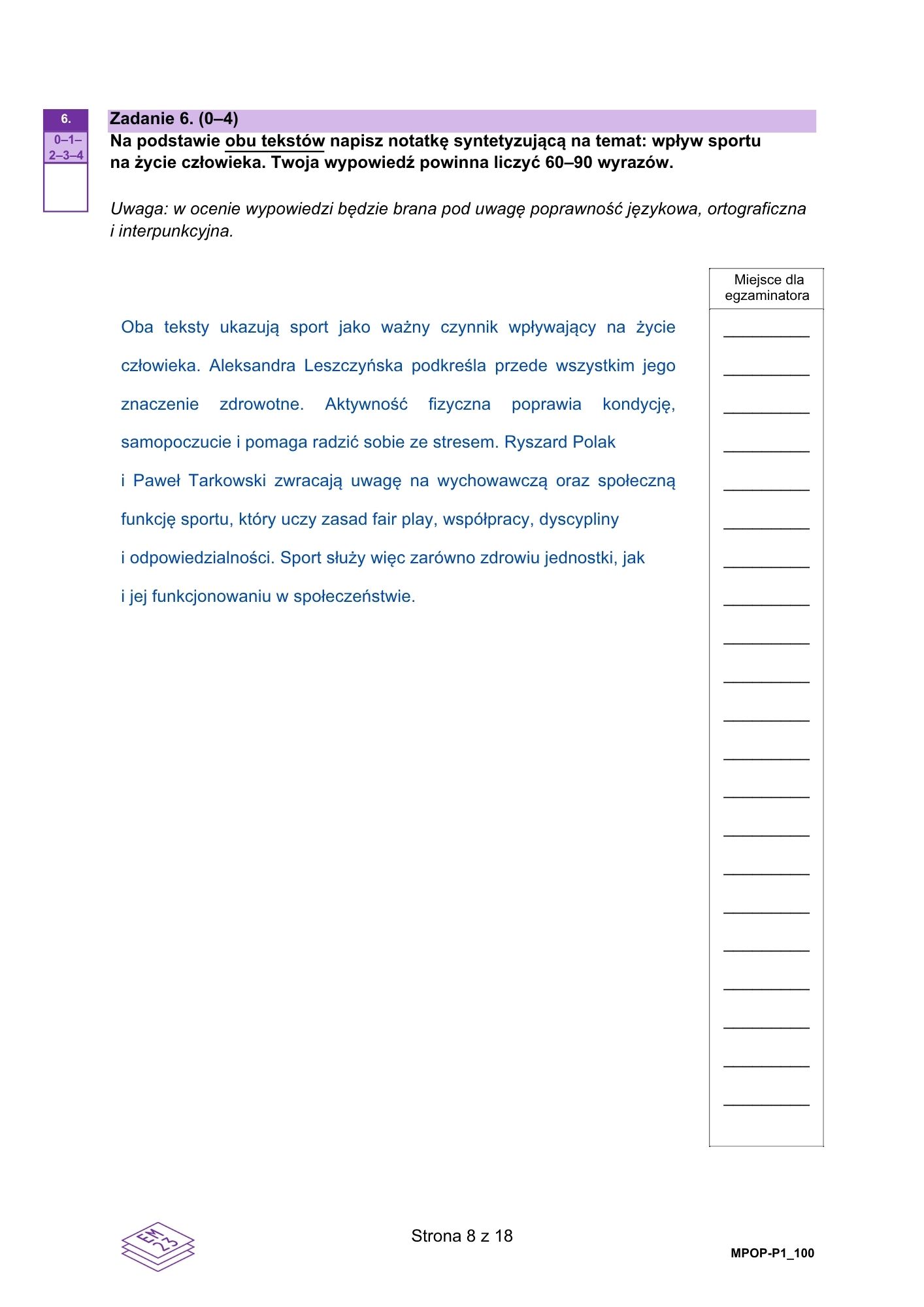 Matura dodatkowa 2026 z języka polskiego. Arkusz z odpowiedziami. Strona 8