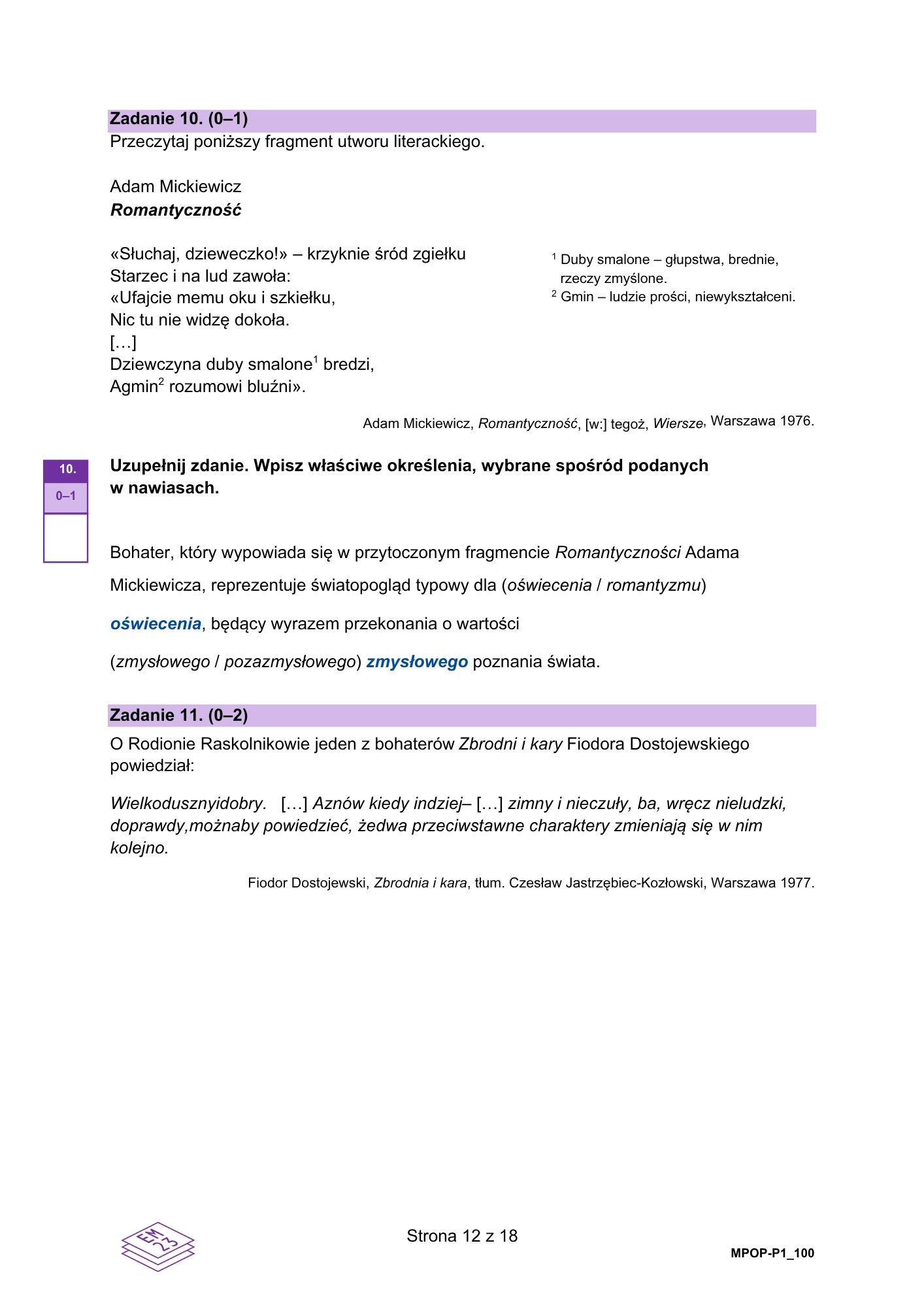 Matura dodatkowa 2026 z języka polskiego. Arkusz z odpowiedziami. Strona 12