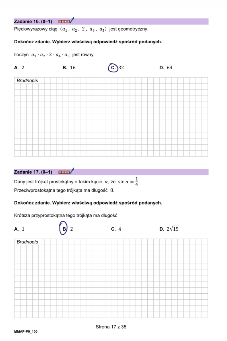 Matura dodatkowa 2026 z matematyki. Arkusz z odpowiedziami - zadanie 16-17