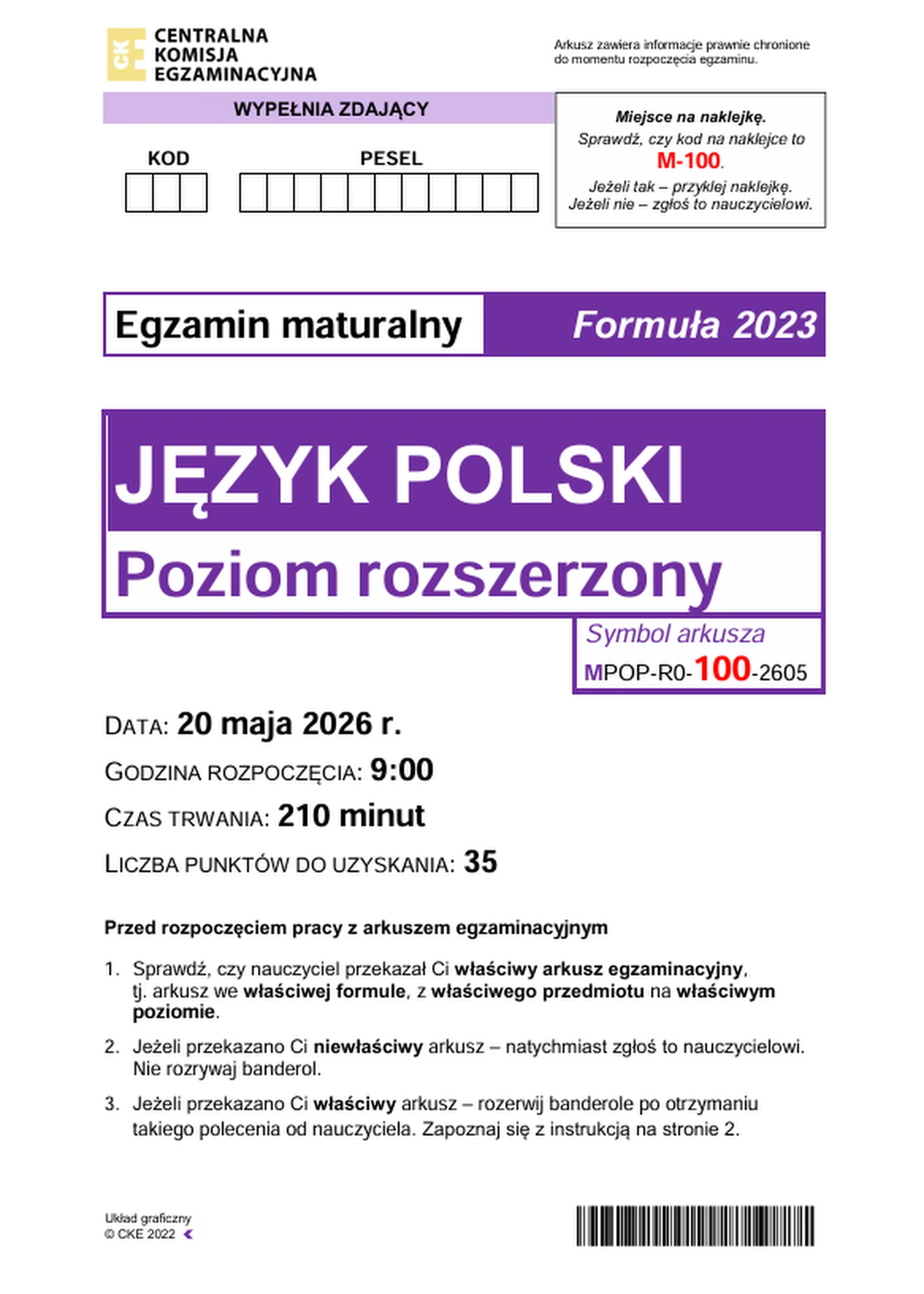 Matura maj 2026. Język polski, poziom rozszerzony – strona 1