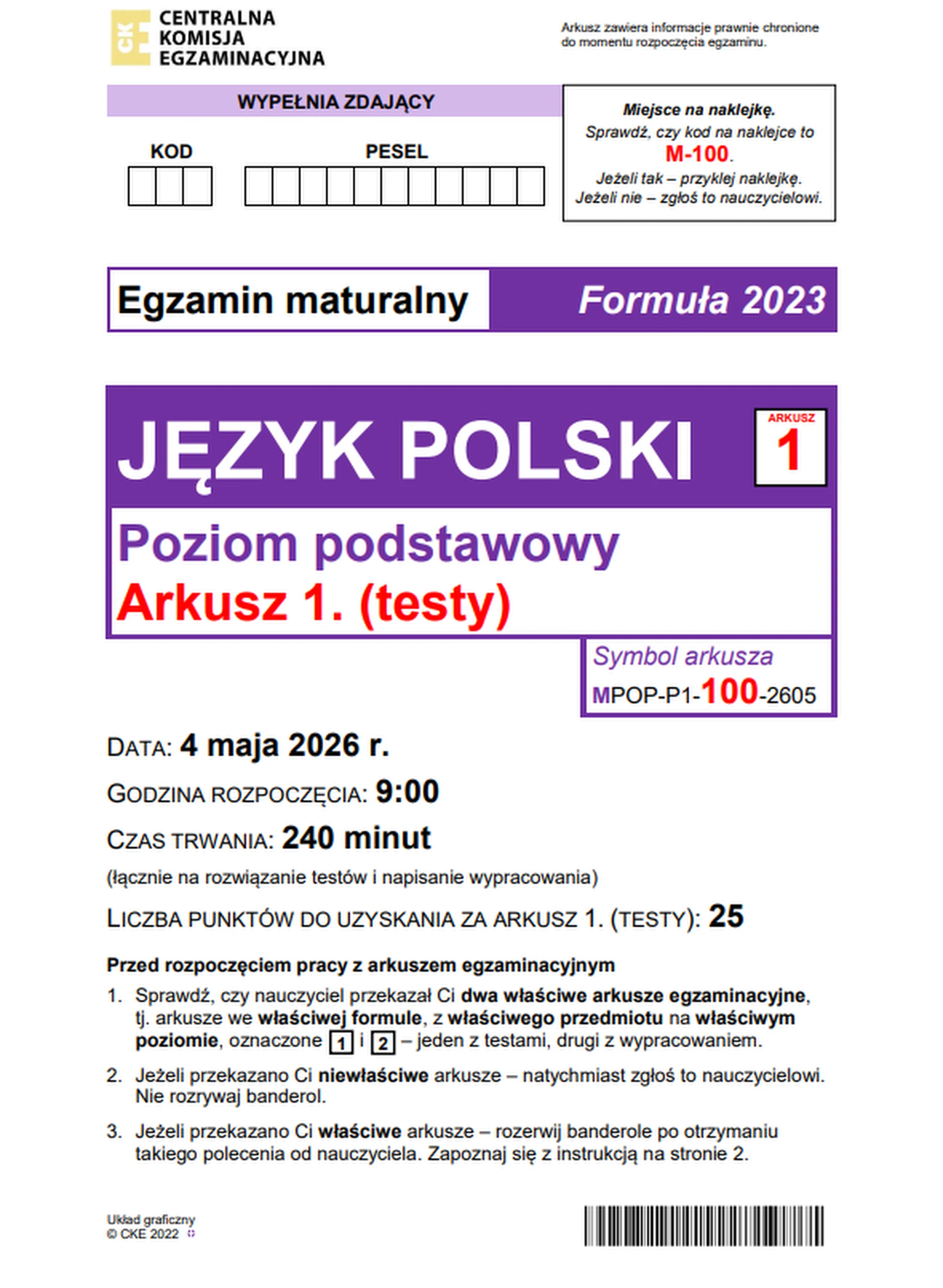 Matura maj 2026. Język polski, poziom podstawowy – strona 1