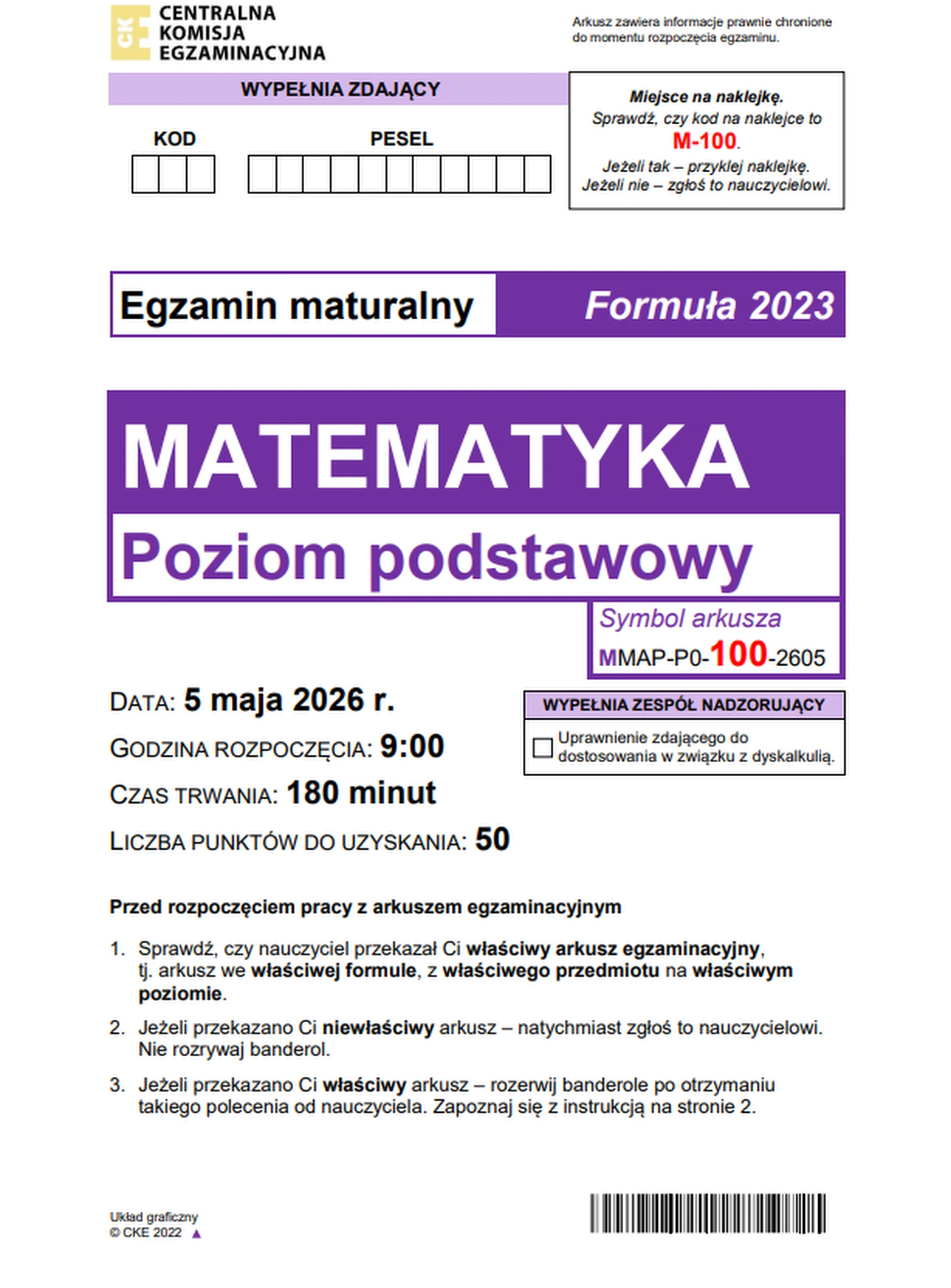 Matura maj 2026. Matematyka, poziom podstawowy – strona 1