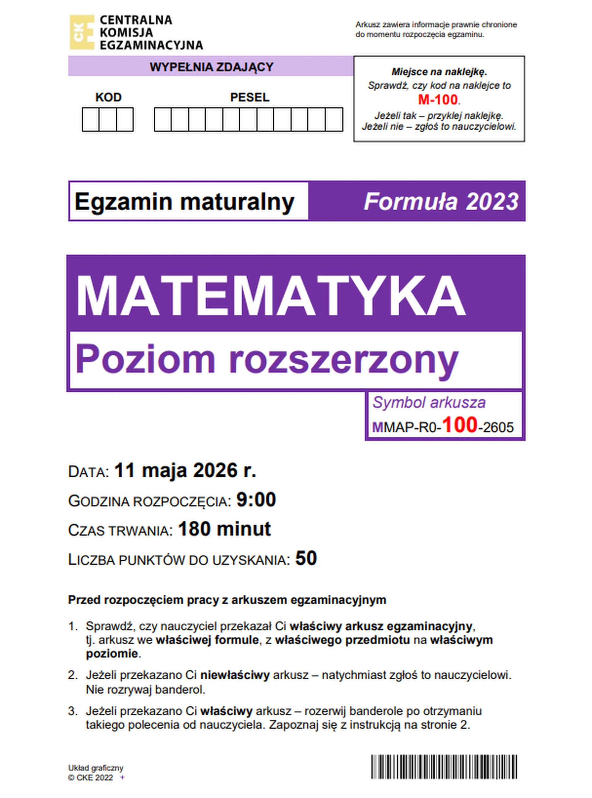 Matura maj 2026. Matematyka, poziom rozszerzony – strona 1