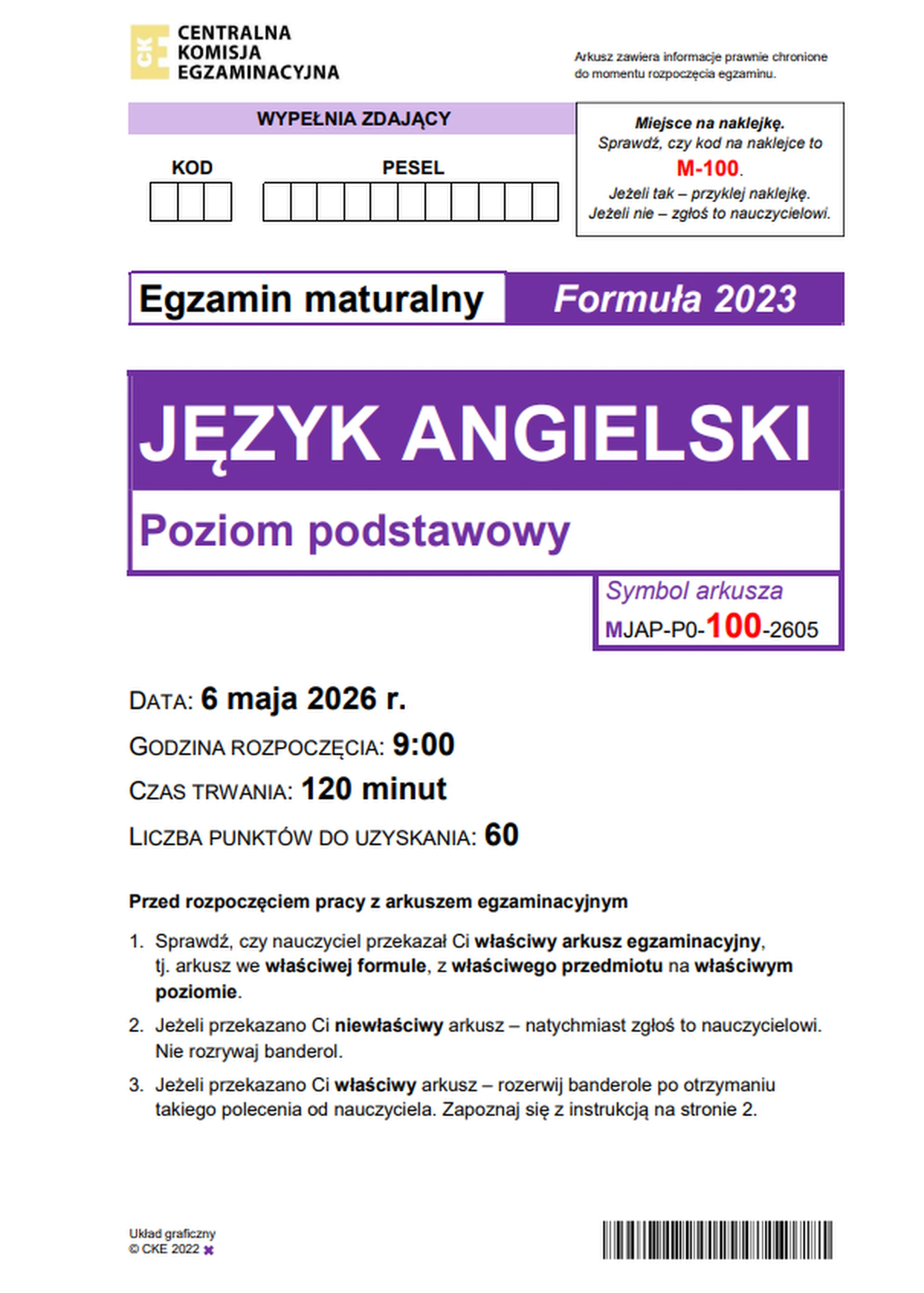 Matura maj 2026. Język angielski, poziom podstawowy – strona 1