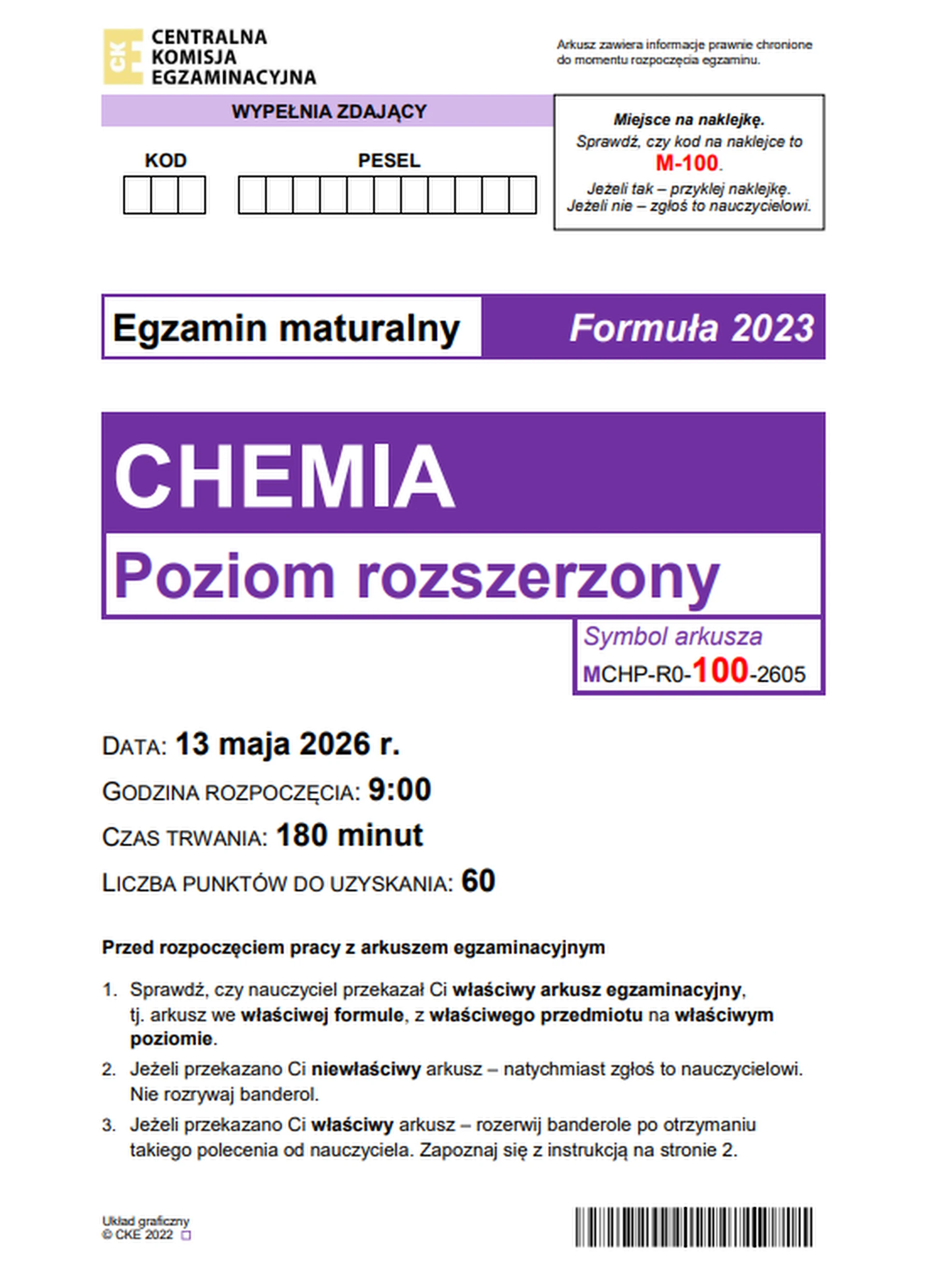 Matura maj 2026. Chemia, poziom rozszerzony – strona 1