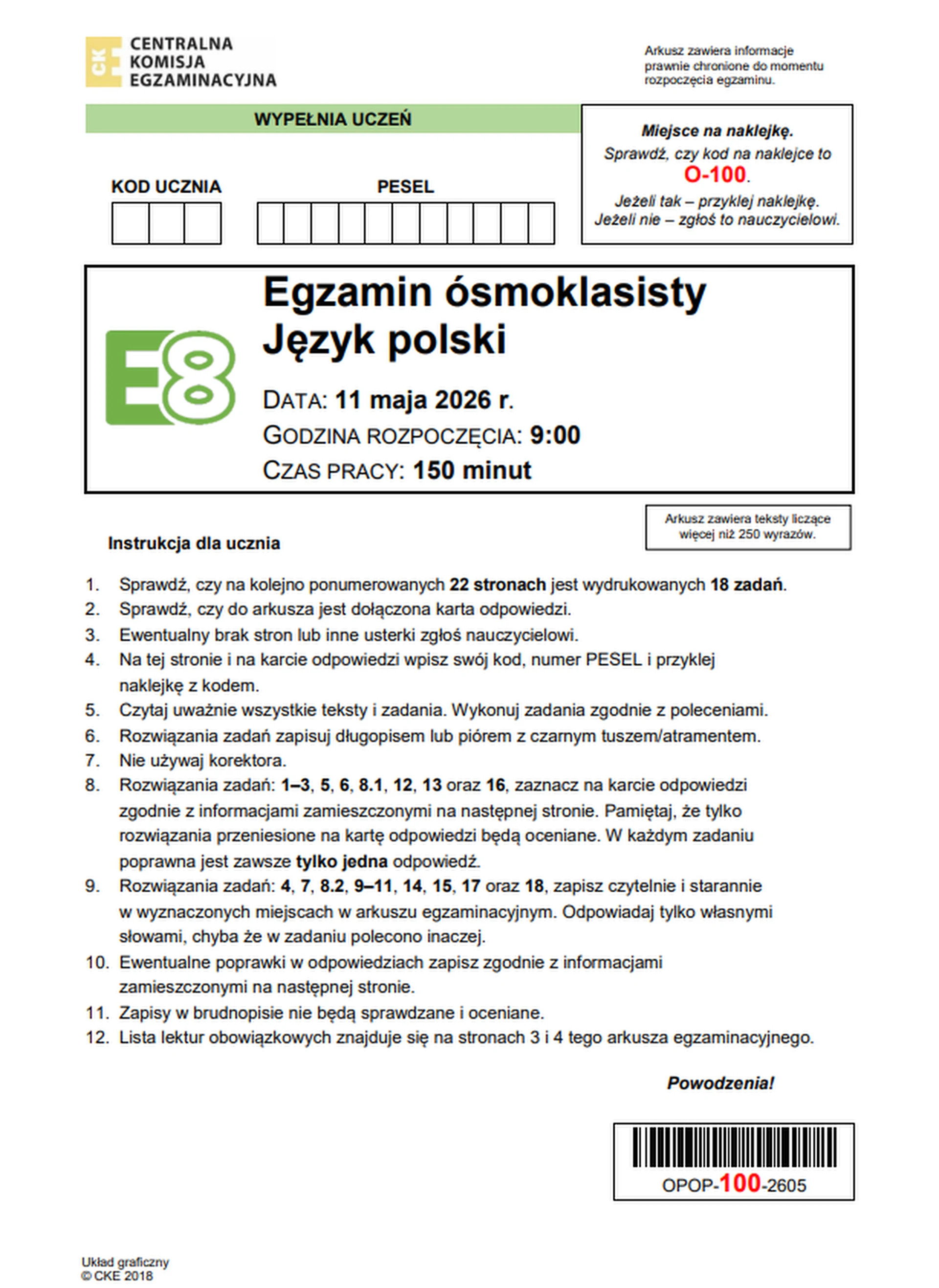 Egzamin ósmoklasisty 2026. Język polski – strona 1