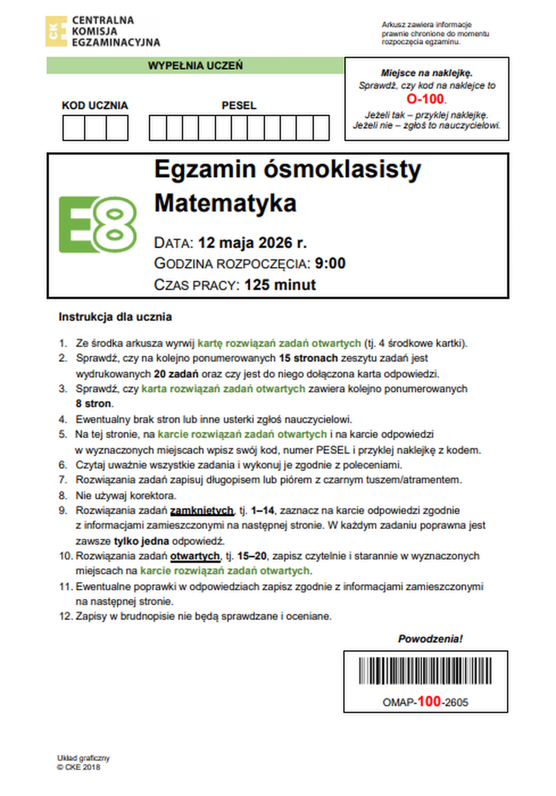 Egzamin ósmoklasisty 2026. Matematyka – strona 1