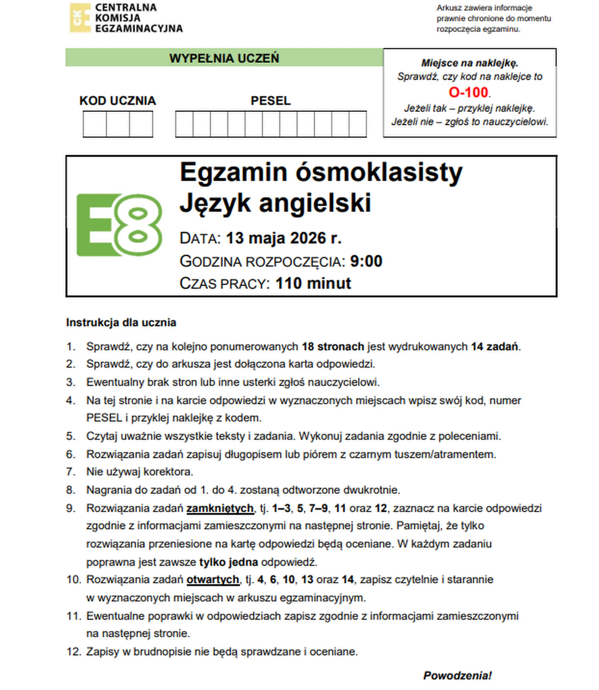 Egzamin ósmoklasisty 2026. Język angielski – strona 1